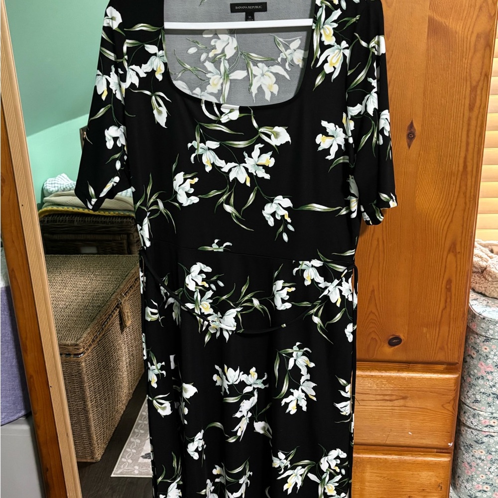 Banana Republic Black Dress with White and Green Floral Pattern